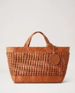 Small Woven Leather Tote Mandarin Orange