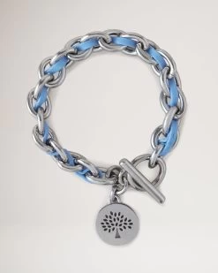 Small Medallion Leather Chain Bracelet Cornflower Blue