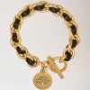 Medium Medallion Leather Chain Bracelet Black & Gold -Fashion Bag Store G QB2323 000A505