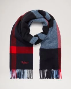 Large Check Lambswool Scarf Dark Navy -Fashion Bag Store G VS4246 774U125 3